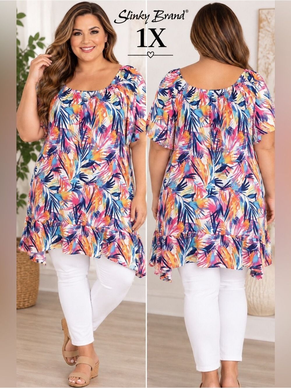 Slinky Brand 1X Tropical Floral Ruffle Hem Tunic Top Multicolor Stretch
